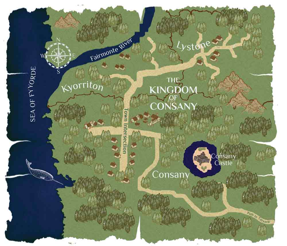 A map of the Kingdom of Consany. The land of Kyorriton is in the northwest. The land of Lystone is in the northeast. The southern region is the land of Consany, where a castle is built. Most of the map shows woods, plus some town areas in each land. The Sea of Fyyorde borders the kingdom on the west, with the Fairmonte River running through the northern area of the kingdom. 