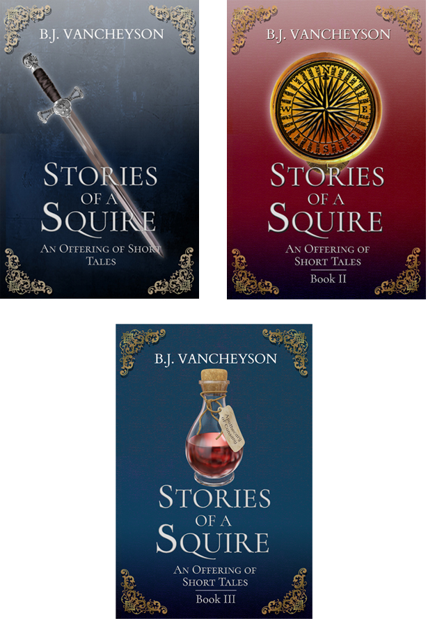 Three books in the "Stories of a Squire" series. Book One shows a diagonal sword. Book Two shows a golden compass, and Book Three shows a bottle of potion