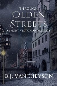 An eBook cover titled "Through Olden Streets," showing a dark, rainy village on a store-lined cobblestone street